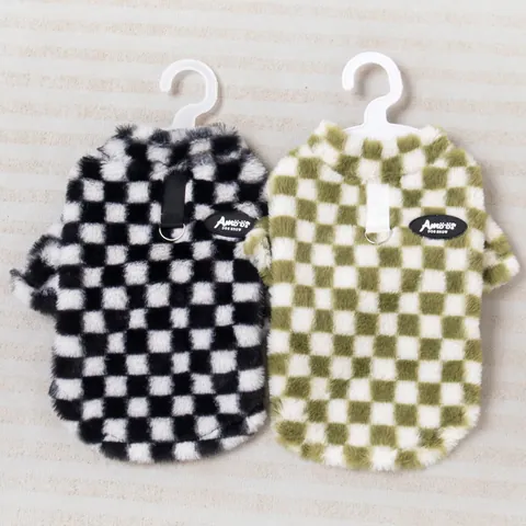 Warm Checkerboard Pet Hoodie Dog Cat Winter Fleece Sweatshirt With D-Ring Leash Attachment Small Medium Large Dog Clothing