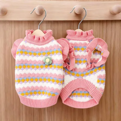 Cute 3D Flower Pet Dog Sweater Warm Wavy Striped Knitted Puppy Clothes With Ruffle Trim For Small Dogs Cats Winter Apparel