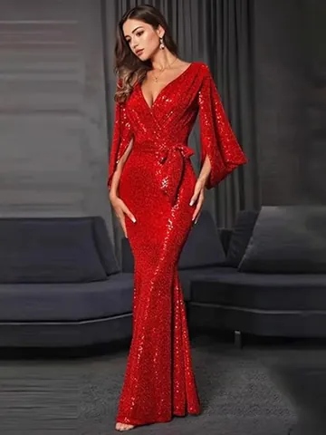 Damen V-Ausschnitt Pailletten Langes Kleid Geschlitzte Ärmel Meerjungfrau Abendkleid Hochzeit Abschlussball Elegant Maxi Kleid