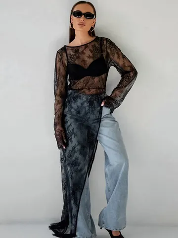 Robe Maxi pour Femmes Sexy Transparente en Dentelle avec Fente Haute Asymétrique Élégante Fleurie Manches Longues
