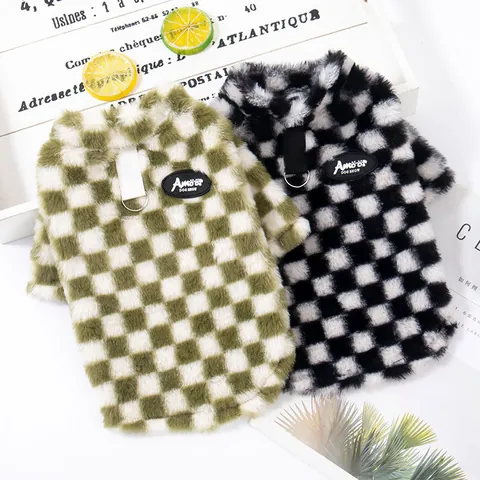Warm Checkerboard Pet Hoodie Dog Cat Winter Fleece Sweatshirt With D-Ring Leash Attachment Small Medium Large Dog Clothing