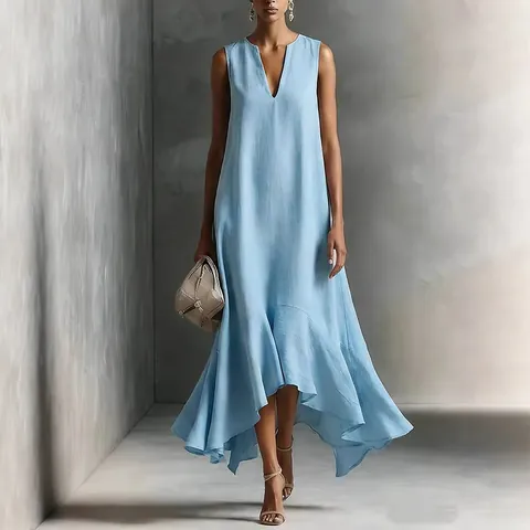 Vestido Largo Maxi Casual Elegante de Mujer con Cuello en V Profundo Sin Manches Dobladillo Irregular Verano Color Sólido Moda