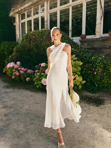 Women Elegant Chiffon Maxi Dress Slim Fit Cross Halter Neck Backless Streamer Solid Color Sexy Sleeveless Evening Party Dress