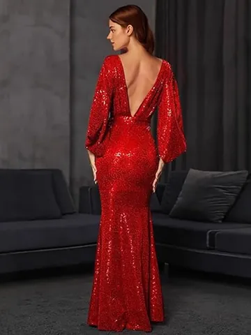 Damen V-Ausschnitt Pailletten Langes Kleid Geschlitzte Ärmel Meerjungfrau Abendkleid Hochzeit Abschlussball Elegant Maxi Kleid