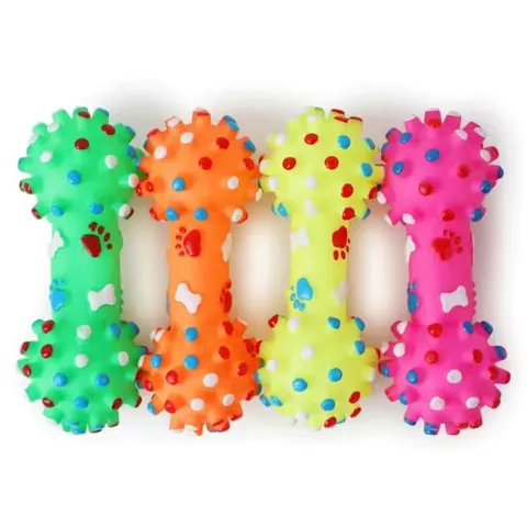 Vinyl Spiked Dumbbell Pet Dog Squeaky Toy Molar Teeth Cleaning Bone Paw Print Pattern Interactive Chew Toy Colorful Fun