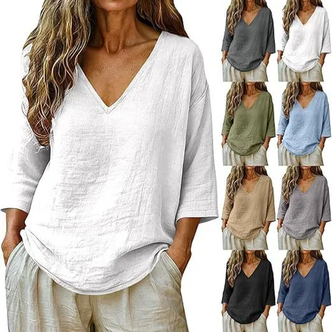 Camiseta de Lino para Mujer Cuello en V Ajuste Holgado Color Sólido Manga Corta Top Casual Estilo Pastoral Transpirable Vacaciones