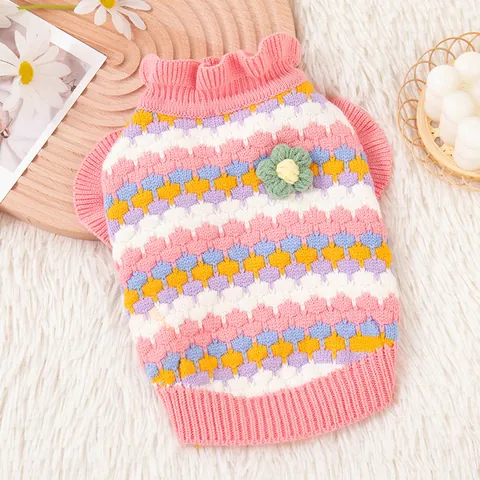 Cute 3D Flower Pet Dog Sweater Warm Wavy Striped Knitted Puppy Clothes With Ruffle Trim For Small Dogs Cats Winter Apparel