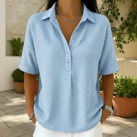 Polo Décontracté en Maille Gaufrette pour Femmes Manches Courtes Revers Boutonné Top Coupe Ample Blouse d'Été en Polyester pour Mode Quotidienne