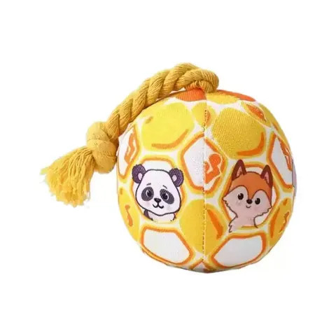 Dog Squeaky Toy Plush Ball with Cotton Rope Bell Teething Toy for Small Medium Dogs Cartoon Animal Pattern Interactive Pet Toy
