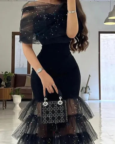 Vestido Largo Elegante de Malla con Lentejuelas para Mujer Hombros Descubiertos Vestido de Noche Fruncido para Banquetes Fiestas