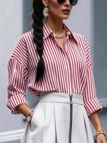 Women Casual Striped Shirt Long Sleeve Lapel Button Down Blouse Top Office Commute Polyester Printed Shirt For Women