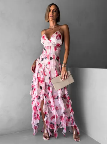 Women Off Shoulder Organza Floral Print Maxi Dress Sexy Backless Ruffle Layered Evening Party Dress Elegant Formal Gown