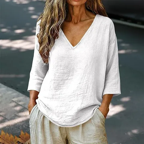 Camiseta de Lino para Mujer Cuello en V Ajuste Holgado Color Sólido Manga Corta Top Casual Estilo Pastoral Transpirable Vacaciones