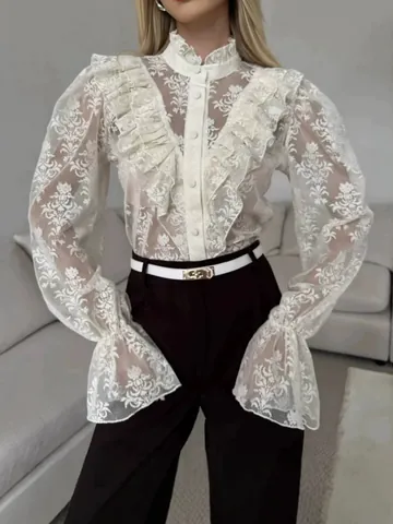 Damen Französischer Stil Jacquard Spitze Bluse Elegant Rüschen Stehkragen Hemd Glockenärmel Langarm Locker Top
