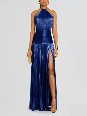 Metallisch Plissee Halter Maxi Kleid Für Damen Sexy Rückenfrei Hoher Schlitz Abendkleid Sommer Ärmellose Formelle Party Kleid