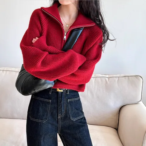 Women Half Zip High Neck Knit Sweater Cropped Acrylic Blend Ribbed Pullover Raglan Sleeve Loose Casual Jumper Autumn Top