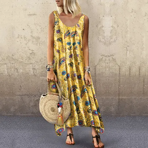 Bohemian Bedrucktes Maxi-Kleid Ärmellos Chiffon Polyester Loses Strandurlaub Langes Kleid Für Damen Sommer Casual Wear