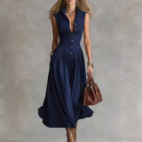 Franse Stijl Elegante Mouwloze Maxi-Jurk Voor Dames Slim Fit Revers Knoop Geplooid A-Lijn Lange Jurk Polyester Effen Kleur Forens Feest Robe