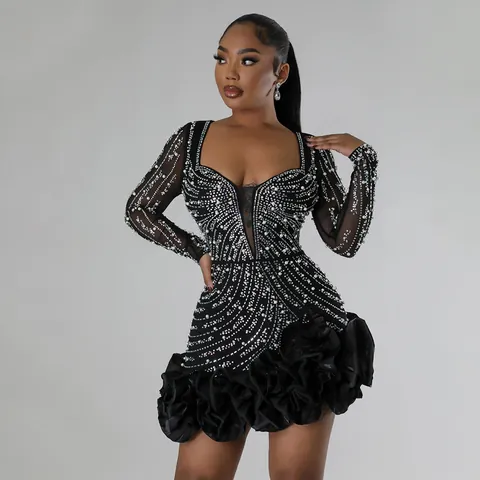 Women Sexy Rhinestone Artificial Pearl Bodycon Mini Dress V-Neck Long Sleeve Ruffle Hem Party Clubwear Evening Cocktail Gown Dress