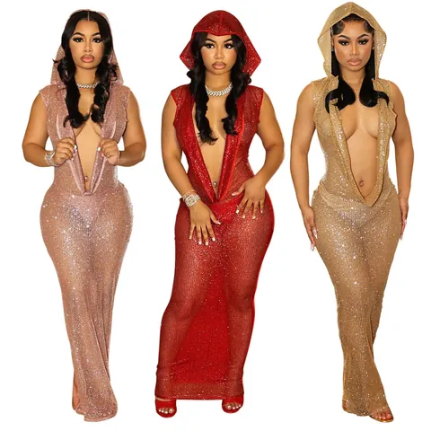 Women Sexy Deep V Neck Hooded Sequins Maxi Dress Transparent Backless Bodycon Mesh Long Dress Polyester Spandex Nightclub