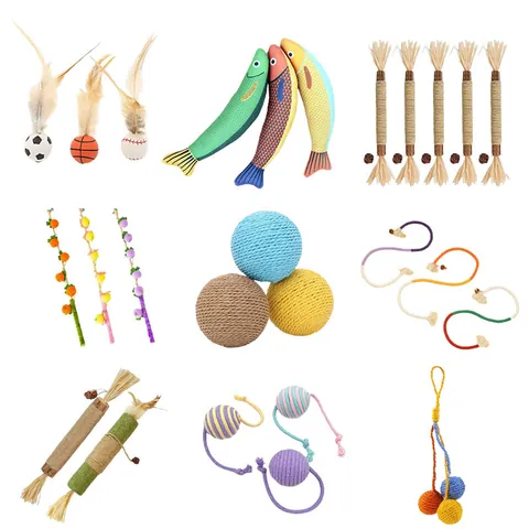 Juego de Juguetes de Sisal Natural para Gatos Varita Interactiva Con Plumas Palos de Matatabi Menta de Gato Ratón Pelota para Gatos de Interior Suministros para Mascotas
