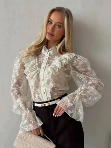 Damen Französischer Stil Jacquard Spitze Bluse Elegant Rüschen Stehkragen Hemd Glockenärmel Langarm Locker Top