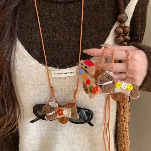 Boho Leder Welpe Brillenclip Halskette Für Damen Süß Flock Hund Künstliche Perle Blumen Lange Pulloverkette Schmuck