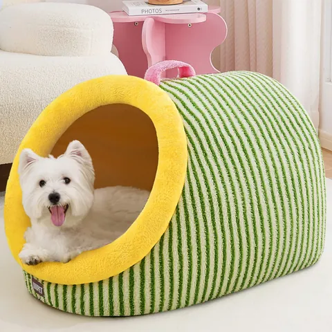 Maison Fermée pour Animaux de Compagnie Hiver Lit Chaud pour Chiens Chats Tente en Peluche Rayée pour Chiots Grotte Intérieure avec Poignée Nid de Sommeil Doux
