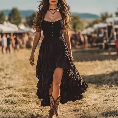 Women Bohemian Smocked Irregular Ruffle Hem Dress Vintage Front Button High Low Vacation Music Festival Sexy Boho Dress