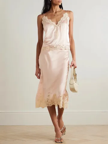 Women Sexy Satin Loungewear Top And Bottom Lace Trim V-Neck Cami And Midi Skirt Solid Color Pajama Lounging Sleepwear