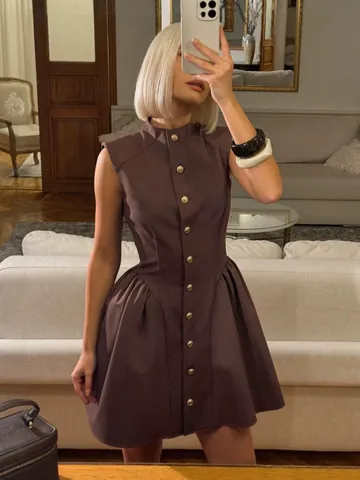 French Retro Round Neck Tank Dress Women Summer Old Money Style Brown High Waist A-Line Midi Dress With Gold Buttons