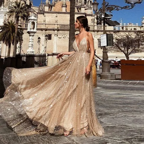 Vestido Largo Sexy con Cuello en V y Tirantes de Lentejuelas para Mujer Elegante Vestido de Noche Champagne Dorado Plateado Brillo Fiesta