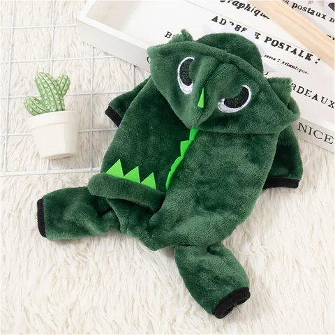 Costume de Dinosaure Drôle pour Chien Vêtements Automne Hiver Molleton Épais Habits pour Animaux à Capuche pour Halloween Fête