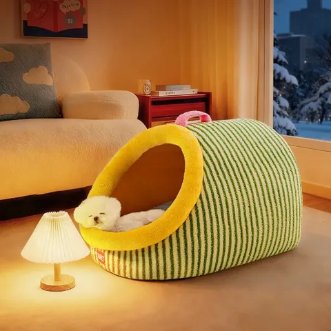 Maison Fermée pour Animaux de Compagnie Hiver Lit Chaud pour Chiens Chats Tente en Peluche Rayée pour Chiots Grotte Intérieure avec Poignée Nid de Sommeil Doux