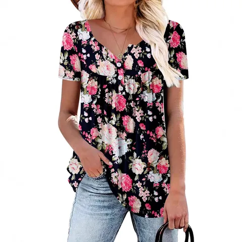 Camiseta de Manga Corta de Talla Grande para Mujer Estampado Floral Poliéster Cuello en V Henley Botón Informal Verano