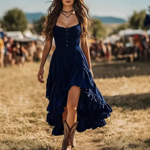 Women Bohemian Smocked Irregular Ruffle Hem Dress Vintage Front Button High Low Vacation Music Festival Sexy Boho Dress