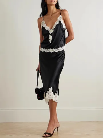Women Sexy Satin Loungewear Top And Bottom Lace Trim V-Neck Cami And Midi Skirt Solid Color Pajama Lounging Sleepwear