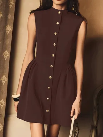French Retro Round Neck Tank Dress Women Summer Old Money Style Brown High Waist A-Line Midi Dress With Gold Buttons