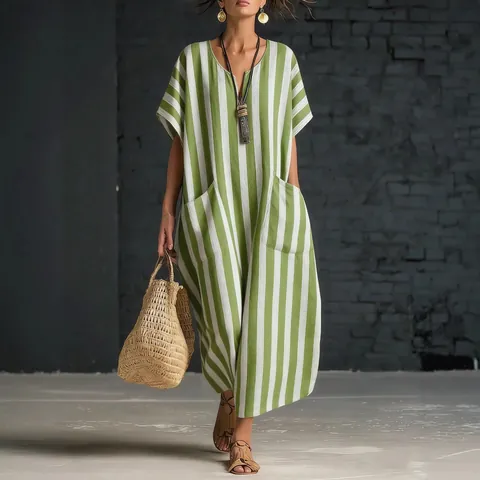 Vestido Largo Casual de Mujer con Cuello en V Rayas Verticales Estampado Corte Holgado Manga Corta Vestido Maxi de Playa de Verano