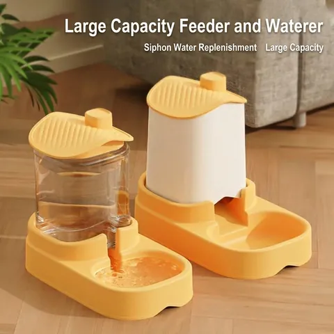 Ensemble Distributeur Automatique de Nourriture et d'Eau Grande Capacité en Polypropylène par Gravité pour Chats et Petits Chiens en Forme de Maison Vaisselle Animaux