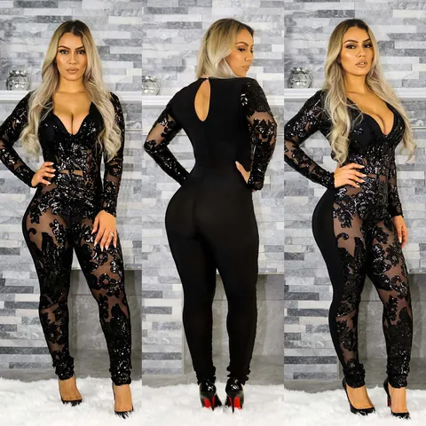 Women Sexy Slim Fit Sequin Sheer Deep V-Neck Long Sleeve Jumpsuit Nightclub Party Bodysuit