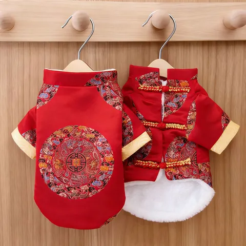 Pet Dog Chinese New Year Tang Suit Padded Fleece Winter Coat Traditional Red Festive Clothes For Cats Small Dogs Top