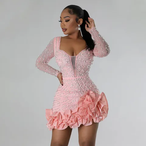 Women Sexy Rhinestone Artificial Pearl Bodycon Mini Dress V-Neck Long Sleeve Ruffle Hem Party Clubwear Evening Cocktail Gown Dress