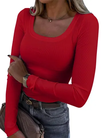 Women Elegant Ribbed Knit Slim Fit T-Shirt Square Neck Long Sleeve Top Basic Casual Solid Color Tee For Lady Fashion