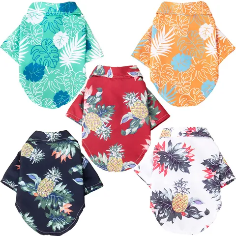 Summer Pet Hawaiian Shirt Tropical Pineapple Coconut Tree Print Polyester Breathable Beach Clothes For Small Medium Dogs Cats