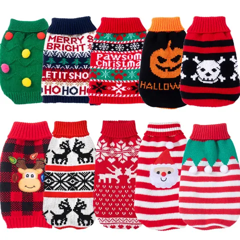 Suéter de Punto de Navidad Halloween para Perros Mascotas Ropa Cálida de Invierno Estampado Papá Noel Calabaza Mascotas