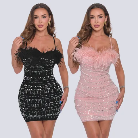 Sexy Strass Künstliche Perle Federbesatz Bodycon Minikleid Für Damen Spaghettiträger Polyester Slim Fit Partykleid