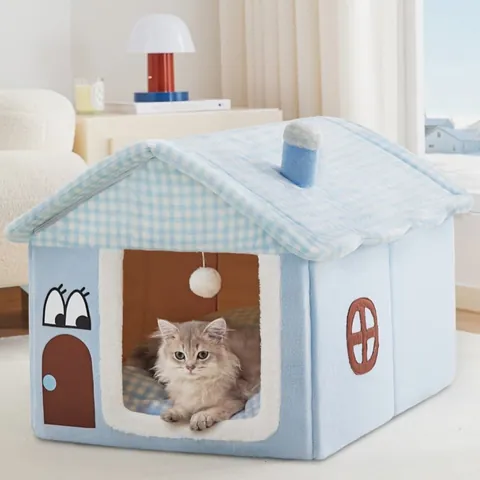 Halfgesloten Huisvormig Huisdierbed Voor Katten En Honden Afneembaar Wasbaar Winter Warm Pluche Huisdiernest Zacht Gevoerd Huis Met Geblokt Dak