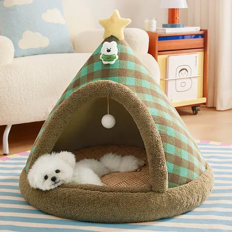 Kerstboom Huisdiertent Bed Halfgesloten Warm Pluche Hond Kat Grot Bed Zachte Suède Huisdierhuis Binnen Met Mat