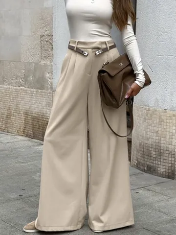 Women's High Waist Wide Leg Suit Pants Loose Pleated Commuter Office Lady Full Length Trousers Khaki Gray